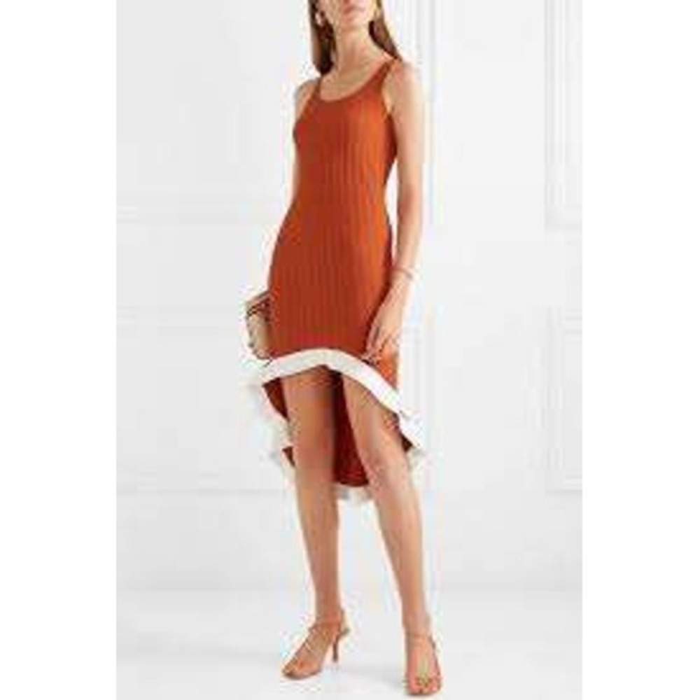 Esteban Cortazar Orange Ribbed Knit Ruffle High Low Maxi Dress Womens XS